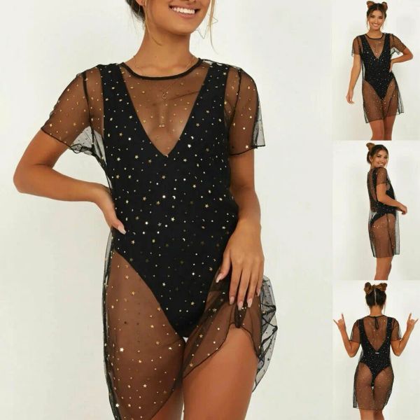 Sexy womens praia cover-ups roupa de banho malha squined chiffon vestido feminino crochê monokini nadar cobrir praia