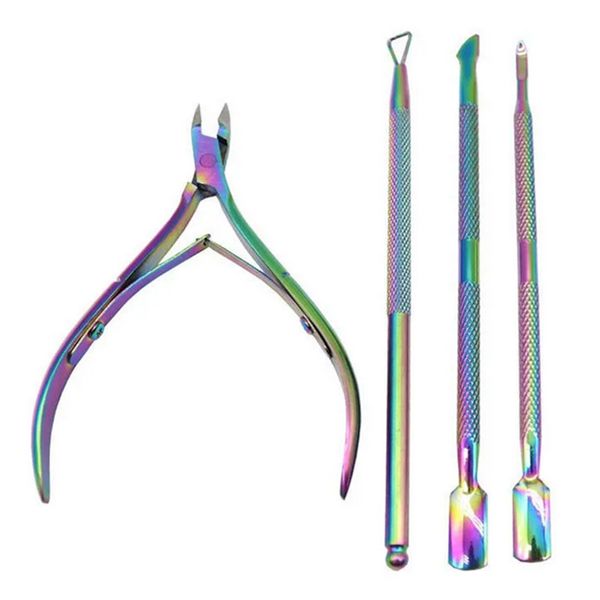 Cutícula tesoura empurrador de unhas pinça arco-íris cortador nipper clipper removedor de pele morta manicure ferramenta da arte do prego metal cera dabber ferramenta atacado