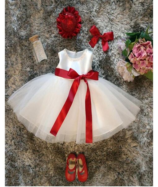 Kız Vaftiz Giysileri İçin Beyaz Elbise 1 Yıllık Kız Bebek Doğum Günü Prenses Kırmızı Şerit Yay Noel Çocukları Elbiseler Girliler7993663