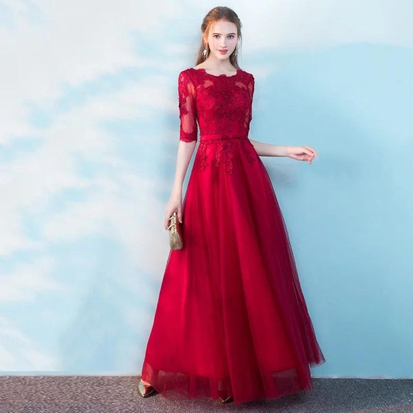 Abito rosso vino lungo abito da festa formale appliques da sposa mezza manica abiti da sera in tulle abiti da banchetto eleganti sottili con lacci