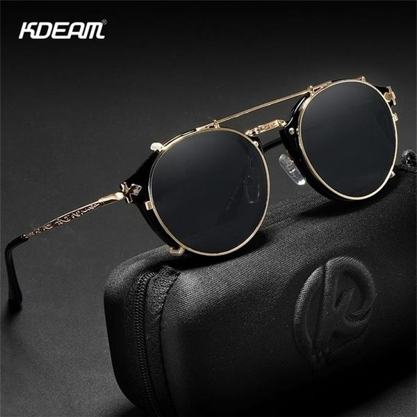 KDEAM Retro Steampunk Runde Sonnenbrille zum Aufstecken, für Herren und Damen, doppelschichtig, abnehmbare Linse, barocke Brille mit geschnitzten Beinen, UV400, mit Box 22256W