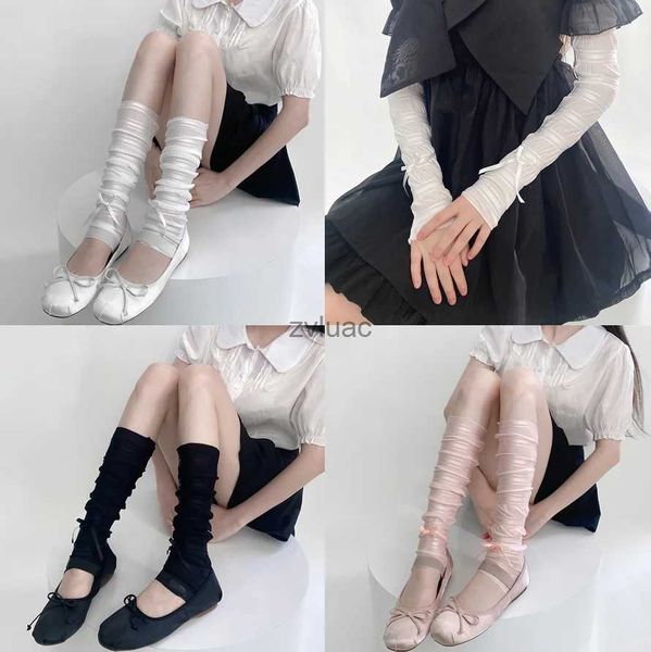 Aquecedores de pernas para braços Peças de sapatos Acessórios Kawaii Bowknot Meias longas fofas Meias Manga de seda gelada Capa para pés Aquecedor JK Lolita Ballet Estilo Sweet Girl YQ240106