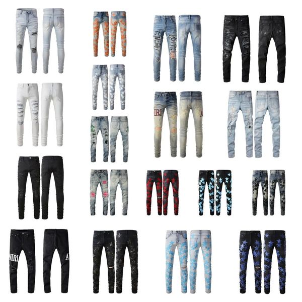 Calças 23ss homens jeans miri jeans designer de alta qualidade homem calças compridas streetwear lavado velho roxo jeans longos buraco regular