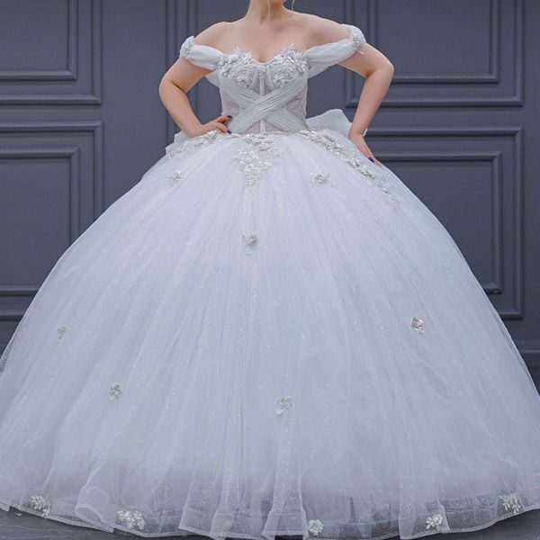 Bianco lucido principessa dolce 16 abiti stile quinceanera spalle scoperte fiori fatti a mano disossamento corsetto vestido para debuttante de 15 anos