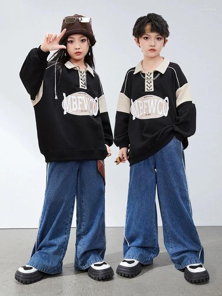 Bühnenkleidung Kinder Langarm Pullover Lose Jeans Jungen Freizeitkleidung Hip Hop Tanzkostüm Mädchen Moderne Kpop Outfits BL12211