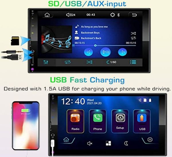 Autoradio doppio Din o radio Apple Carplay Android Auto e telecamera di backup Bluetooth Touch screen da 7 pollici per auto o lettore MP5 FM USB SD AUX Mirror Link2689626