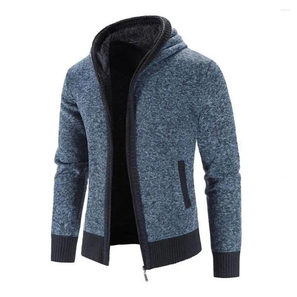 Suéter masculino com capuz cardigan suéter 2024 inverno velo engrossado em malhas casaco jaqueta zíper casual roupas masculinas