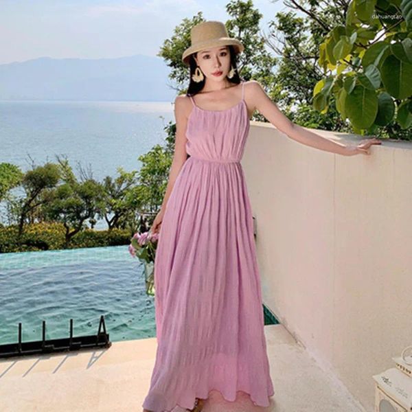 Casual Dresses BULOCHOVA Französisch Süße Mode Sommer Spaghetti Strap Langes Kleid Frauen Slash Neck Ärmellos Urlaub Am Meer Vestidos 2024