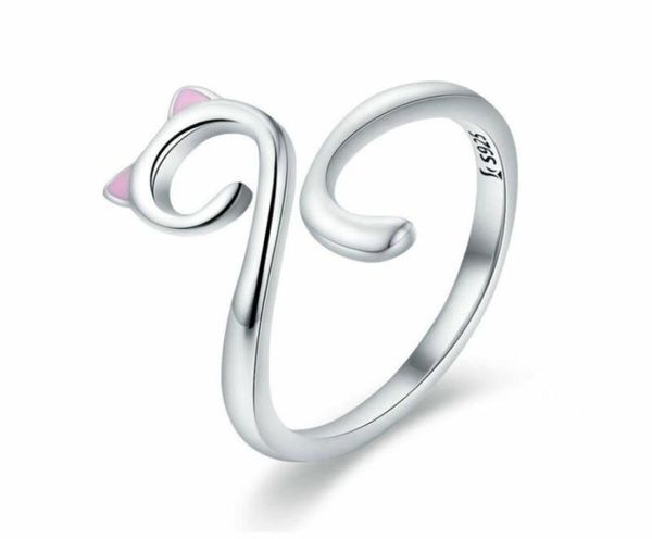 Moda bonito 925 prata esterlina em forma de gato gatinho animal de estimação banda ajustável envoltório anel de dedo para meninas presentes de natal37076199424220
