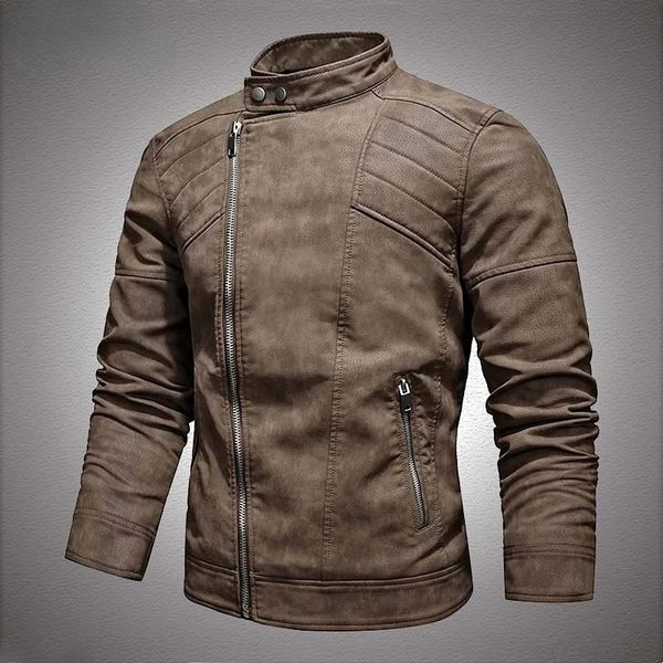 Jaqueta de couro militar masculina, jaqueta de inverno de lã quente com zíper diagonal para motocicleta, moda masculina, jaqueta fina de motociclista 240106