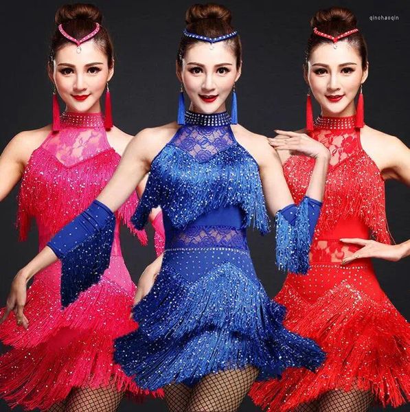 Spor Salonu Giyim Latin Dans Kostümleri Kadın Salsa Dans Giyeri Kostüm Elbiseler Balo Salonu Yarışması Tango Yetişkin Saçak Altın Sequin