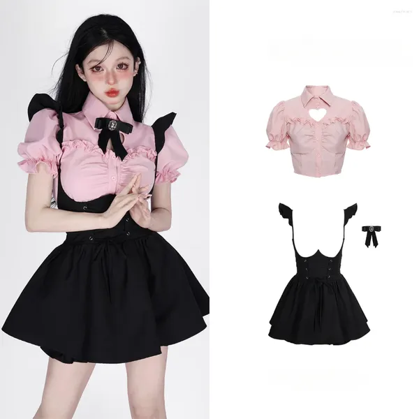 Abiti da lavoro 2024 Abbigliamento estivo Kawaii Rosa Y2k Crop Top Camicetta Mini abito nero Set a due pezzi per le donne Casual aderente Abito coreano Chic