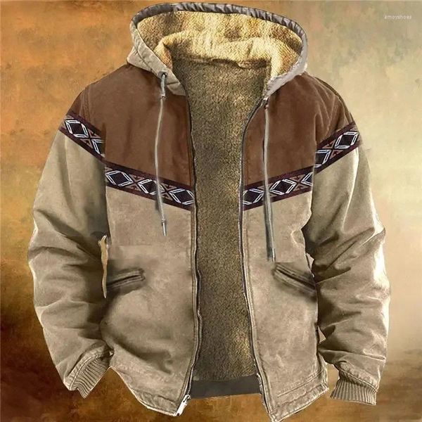 Jaquetas masculinas vintage impressão gráfica jaqueta de lã masculina casual manga longa cordão forro casacos com capuz inverno quente ao ar livre