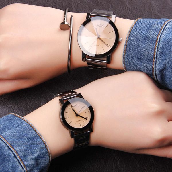 2023 novo relógio de pulso de aço inoxidável elegante e simples com mostrador preto e branco para mulheres e homens