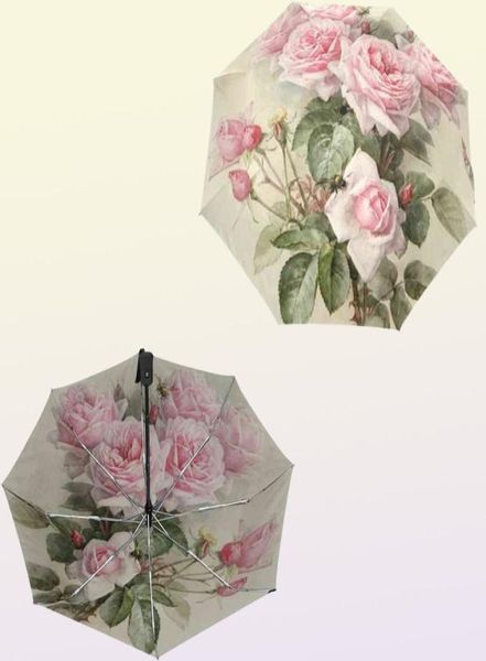 Винтажный потертый женский зонт с цветочным принтом, шикарный зонт от дождя, розовая роза, три складных, прочный для девочек, портативный автоматический зонтик 2112271004309