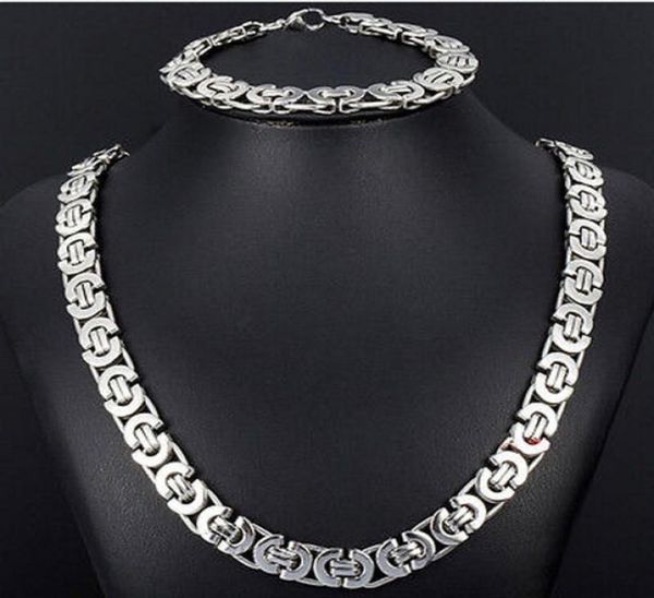 Novo estilo conjunto de joias 8mm tom de prata plano colar de corrente bizantina pulseira 316L aço inoxidável bling para moda masculina XMAS gi1949162