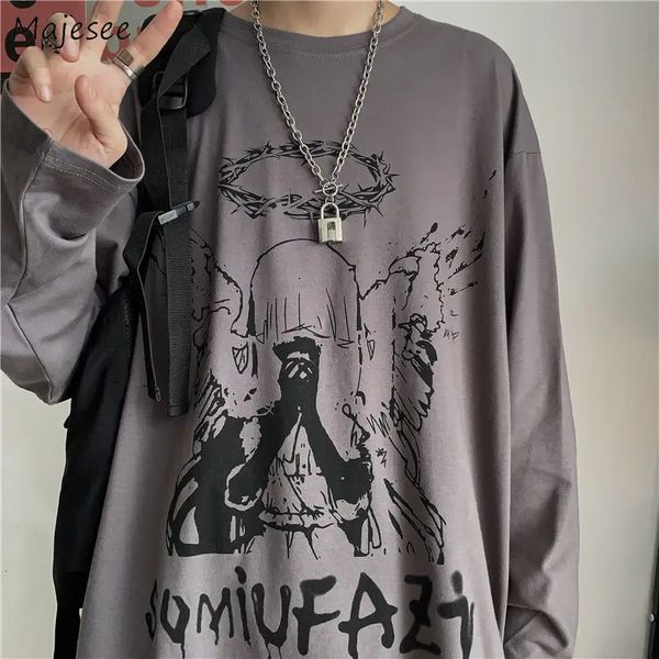 Homens manga comprida camisetas outono impressão gótico vintage ulzzang aconchegante high street streetwear 5xl baggy coreano na moda harajuku bf 240106