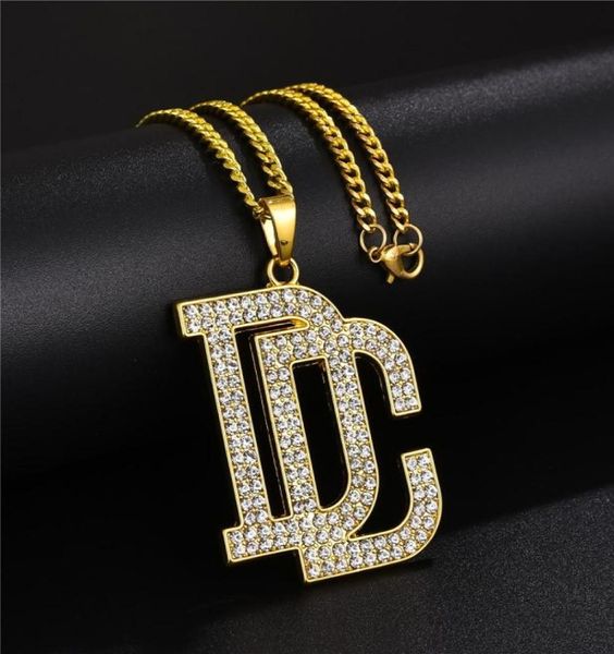 Moda Uomo Donna Hip Hop Lettera DC Grande ciondolo Collana Gioielli Design strass completo Catene placcate oro 18k Collana punk alla moda5584903