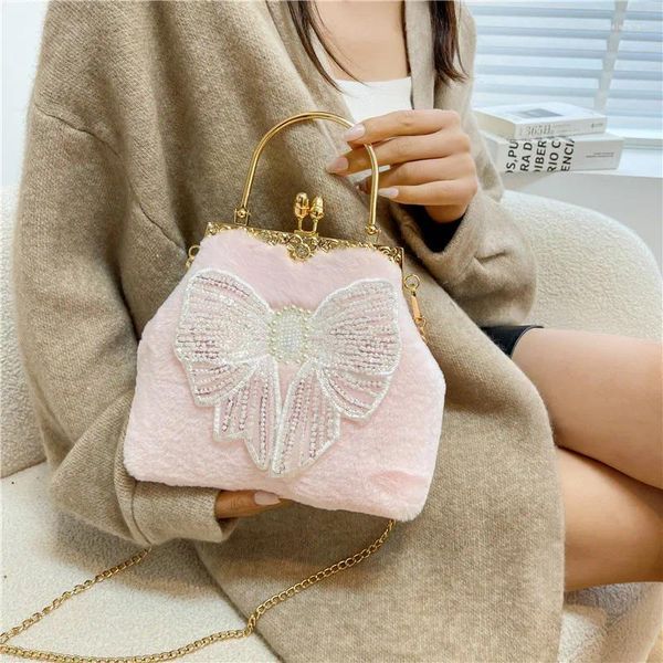 Akşam çantaları pembe beyaz peri peluş çantalar kadınlar için sevimli inci yay debriyajları moda yumuşak kadife çanta chian omuz crossbody