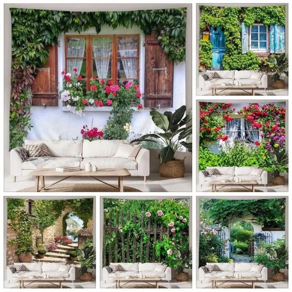 Wandteppiche, altes Fenster mit Blumen, Wandteppich im Freien, Landschaft, Tür in Verona, Italien, Heimterrasse, Wandbehang, Kunst-Dekor-Wandbild