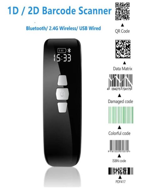 1D QR 2D Bluetooth Wireless Barcode Scanner 24G Wireless USB Wired Mini Barcode Reader mit LCD-Bildschirm Datumsmatrix-Scanning9139245