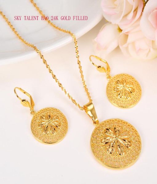 24k Solid Fine Gold Filled New Blossom Moda Etiope Set di gioielli con ciondolo Collana orecchino Cerchio Design53540321823789