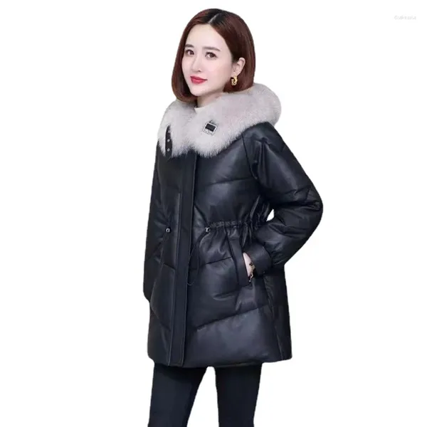 Giacca da donna in pelle ZXRYXGS Premium PU Cappotto in piumino di cotone 2024 Inverno Vita media Lunghezza elegante Abbigliamento alla moda