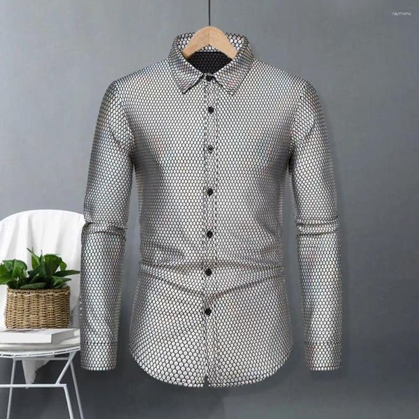 Camisas casuais masculinas homens vestido camisa lantejoulas lapela manga longa botão para baixo luxo discoteca festa nightclub natal tops traje de baile