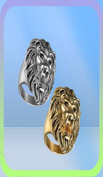 Guapo Punk 316L Acero inoxidable dos colores dorado y negro gran cabeza de león anillo Cool hombres Animal Ring9484446