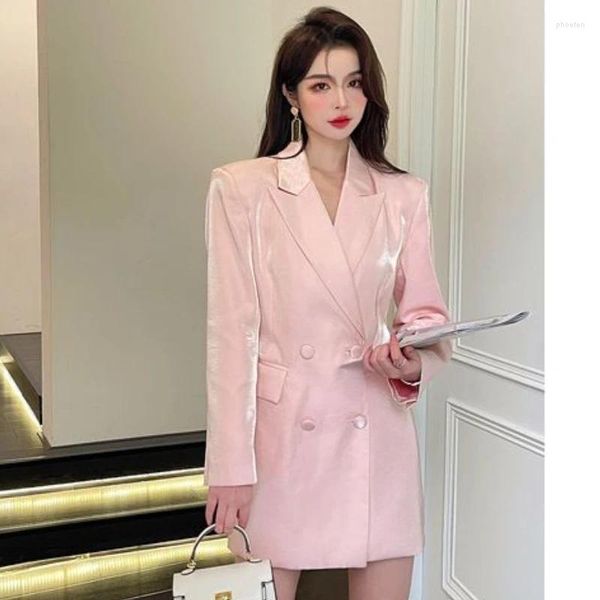 Kadınlar Suits Parlak Pembe Dönüşü Yatak Sahte İpek Kadın Takım Ceket Bahar Sonbahar OL SATIN BLAZERS COAT STARSY ÇİFT KRESTİK HARDAN