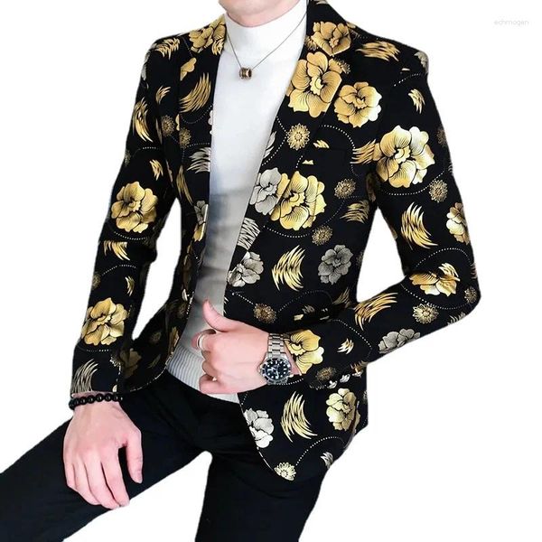 Herrenanzüge Herren Golden Flower Print Blazer 2024 Herbst Formelle Kleidung Smoking Casual Slim Fit Anzugjacke / Hochwertige Modekleidung
