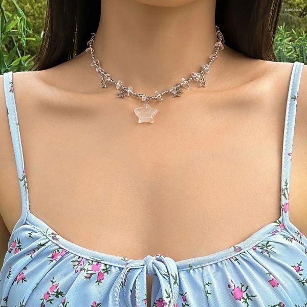 Catene Collana con clavicola in pietra schiacciata a forma di stella Semplicità Personalità Vacanza Dolce perla rotonda irregolare