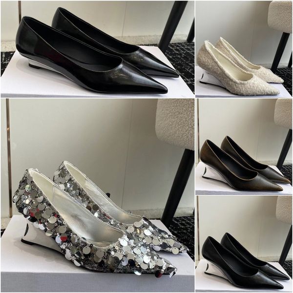 Cotemp ayakkabıları moda kama düz dip Tarelka Sandal Tasarımcı Kadın Yüksek Topuklu Saçyolu Tekne Ayakkabıları ve Tek Ayakkabı Deri Sequin Kare Toe Loafers Boyut 35-40