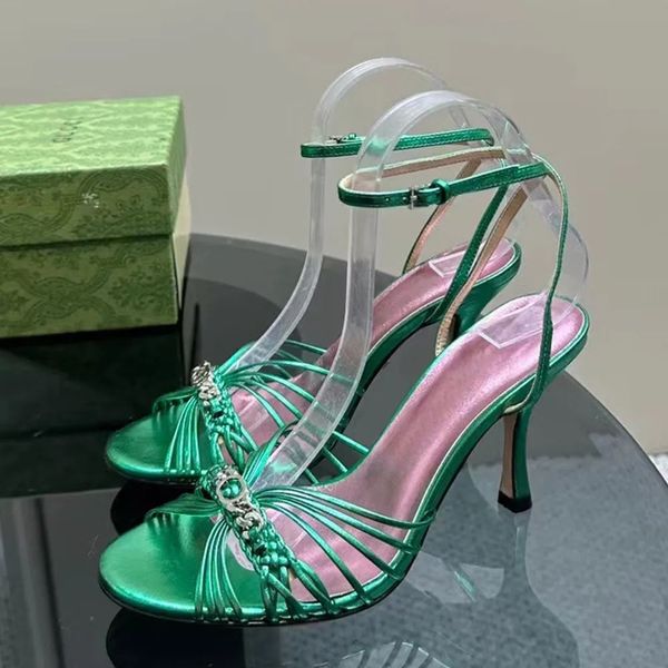 2024 Özelleştirilmiş El Dokuma Stiletto Sandalet Ayak Bilgi Strap Gladyatör Pompalar Kadın Açık Toe Party Gece Elbise Ayakkabı Lüks Tasarımcı Yüksek Topuklu Fabrika Ayakkabı