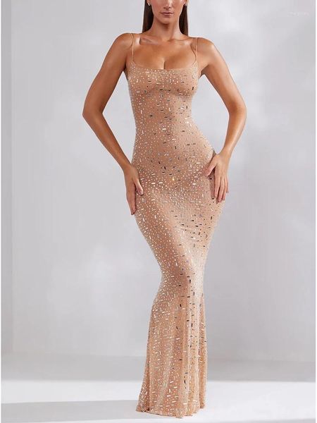 Vestidos casuais sexy espaguete cinta brilhante noite sem costas malha strass jantar ocasião formal vestido para senhoras