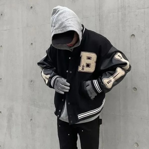 Sonbahar erkekler deri büyük boy kol peluş letterman kadın bombardıman uçağı hip hop ceket yeşil mor vintage kemik varsity ceket 240106