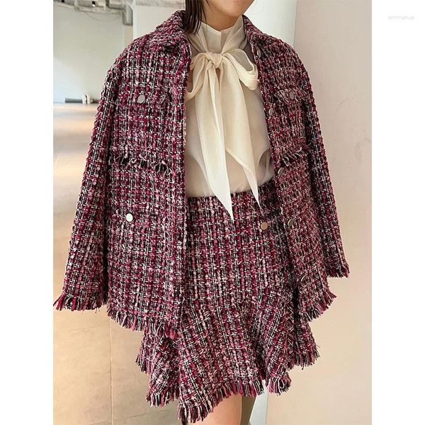 Jaquetas femininas único breasted pequena fragrância tweed ropa mujer lapela manga longa mulher japão estilo borla casacos outono inverno roupas