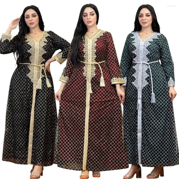 Ethnische Kleidung XQY500036 Muslim aus dem Nahen Osten Abaya Plaid Perlen Pailletten Partykleid mit Gürtel