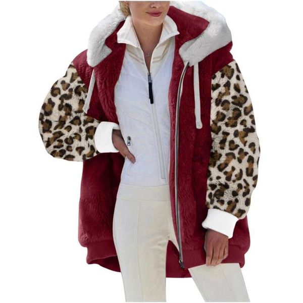 Cappotto in peluche con cappuccio con pannello modello leopardato a maniche lunghe con cerniera moda donna autunno e inverno di vendita caldo
