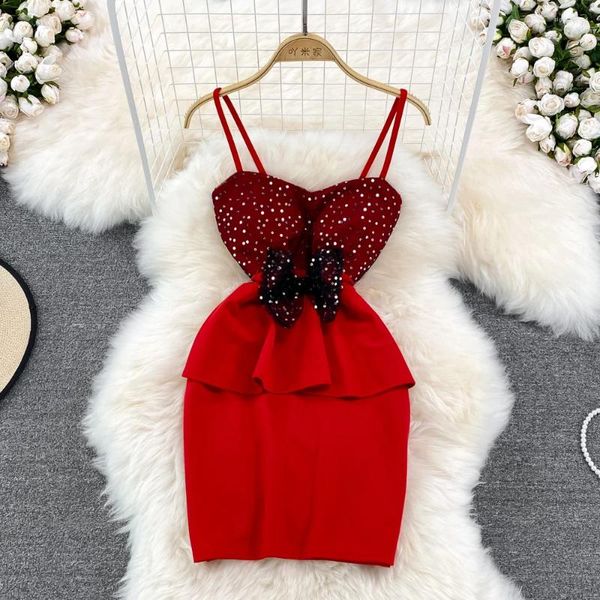 Vestidos casuais moda no verão sem mangas lantejoulas costura bowknot slim plissado laço suspender hip envoltório vestido para mulheres