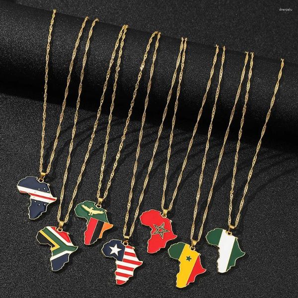 Colares Pingente Hip-hop África Mapa Colar Nigéria Congo Somália Bandeira Nacional Cor Correspondência Metal Esmalte Jóias Acessórios Presente