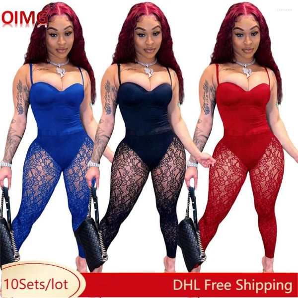 Calças femininas de duas peças 10 atacado mulheres sexy sem mangas bodysuits ver através de rendas leggings define verão sheer outfits night club wear