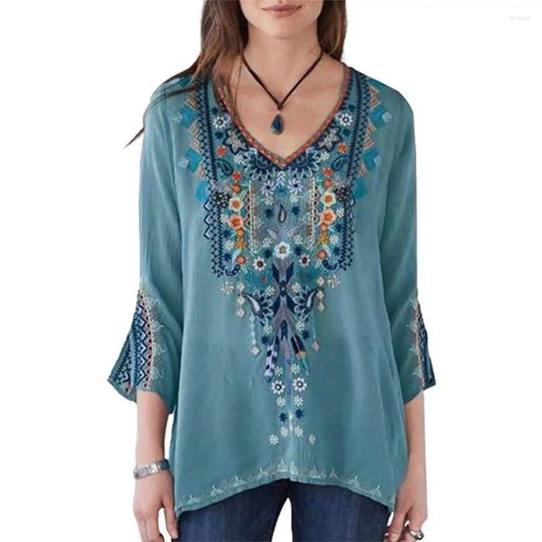 Blusas femininas boho casual com decote em v manga longa floral bordado blusa topo solto camisa roupas poliéster algodão outono