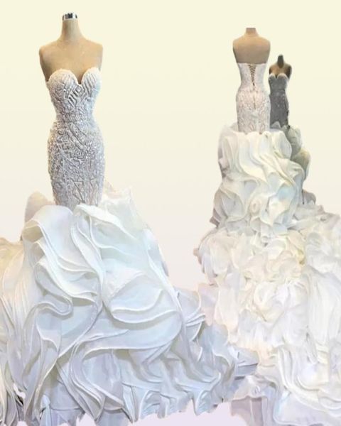 Lindo vestido de casamento sereia querida frisado pérola em camadas babados capela trem vestidos de noiva fora do ombro sexy vestidos de casamento3744940