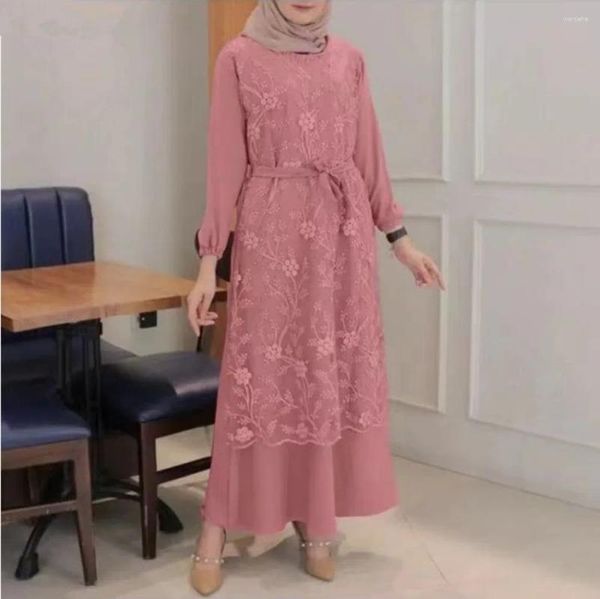 Abbigliamento etnico Donna Abito musulmano Ramadan Hijab Abaya Kimono jacquard in pizzo Abiti Khimar Kaftan Jilbab Dubai Abito lungo Eid Islam Abbigliamento