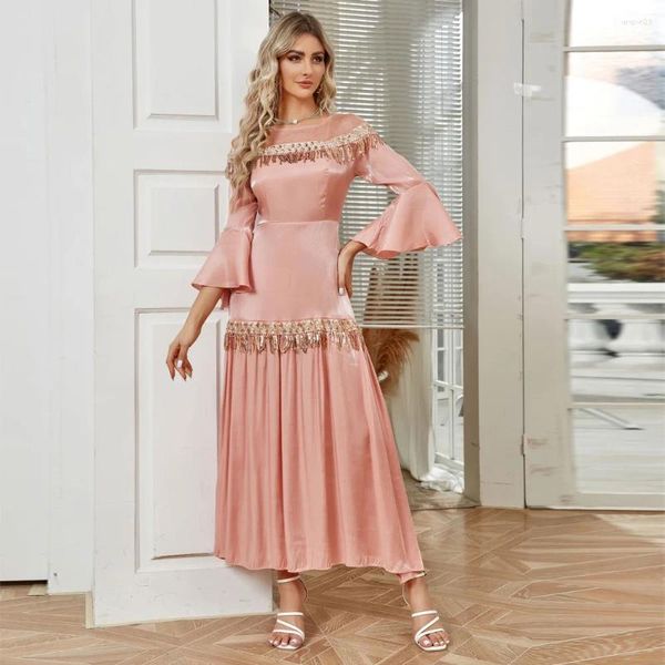 Abbigliamento etnico Abito musulmano Elegante nappa con paillettes Vita alta Lungo rosa Office Lady Manica a pagoda Turchia Dubai Abaya