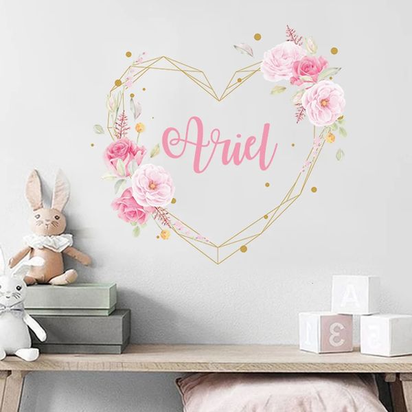 Nome personalizzato Fiori di peonia Ragazza Adesivi murali per cameretta dei bambini Peel and Stick Decalcomanie da muro in vinile Baby Kids Room Interior Home Decor Regali 240106