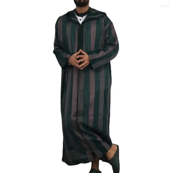 Roupas étnicas Homens Muçulmanos Listrado Robe Com Capuz Jubba Thobe Islâmico Adultos Kamis Homme Musulman Dubai Turquia Masculino Abaya Vestido Saudita Kaftan