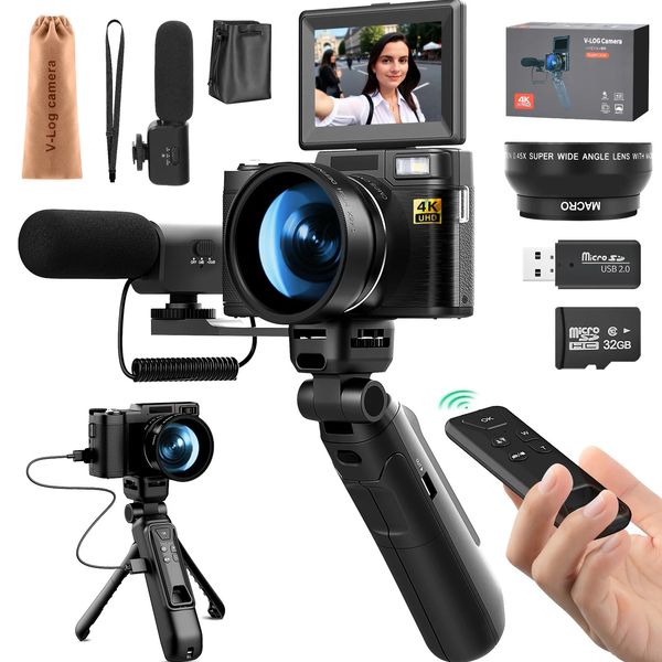 GAnica 4K-Digitalkameras für Pografie, 48-MP-Videokamera-Vlogger-Kit, Mikrofon-Fernbedienung, Stativgriff 240106