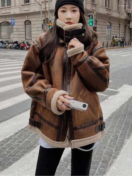 Casacos de Trench das Mulheres Inverno Shearling Pele de Carneiro Faux Fur Camurça Jaqueta de Couro Mulheres Cordeiro Parka Outwear Manga Longa Zipper Moto Biker Casaco